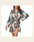 Baha Ranch Turquoise Burgandy Aztec Women's Belted Satin Feel Dressing Lounge Robe on a warm cream background