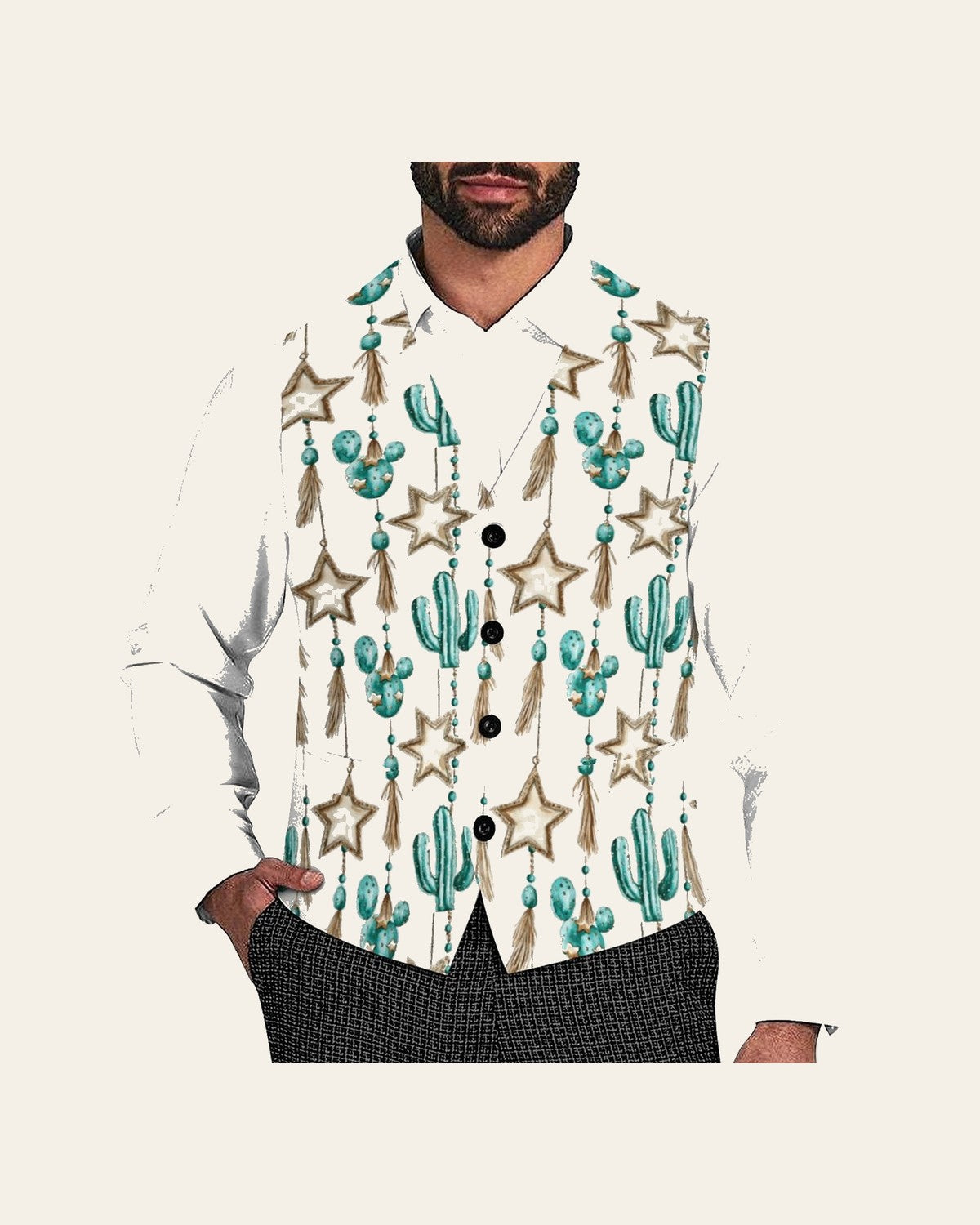 Baha Ranch Turquoise Christmas Cactus Men's Western Vest on a warm cream background