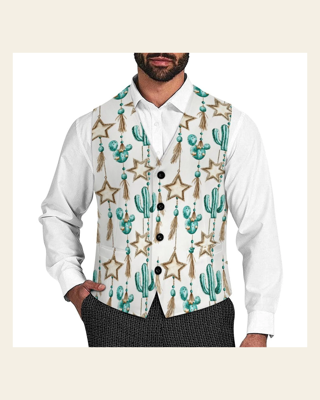 Baha Ranch Turquoise Christmas Cactus Men's Western Vest on a warm cream background