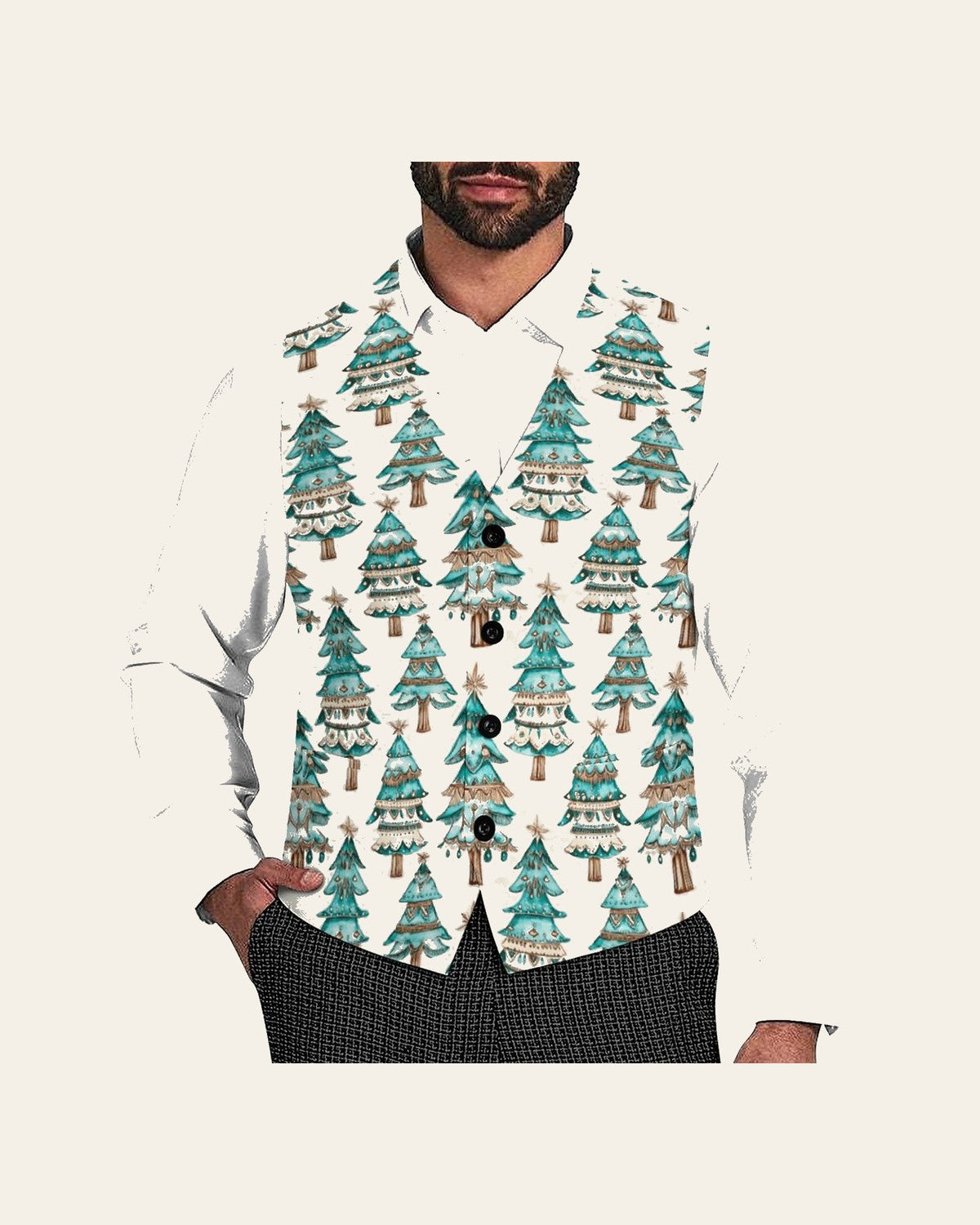Baha Ranch Turquoise Christmas Trees Men's Western Vest on a warm cream background