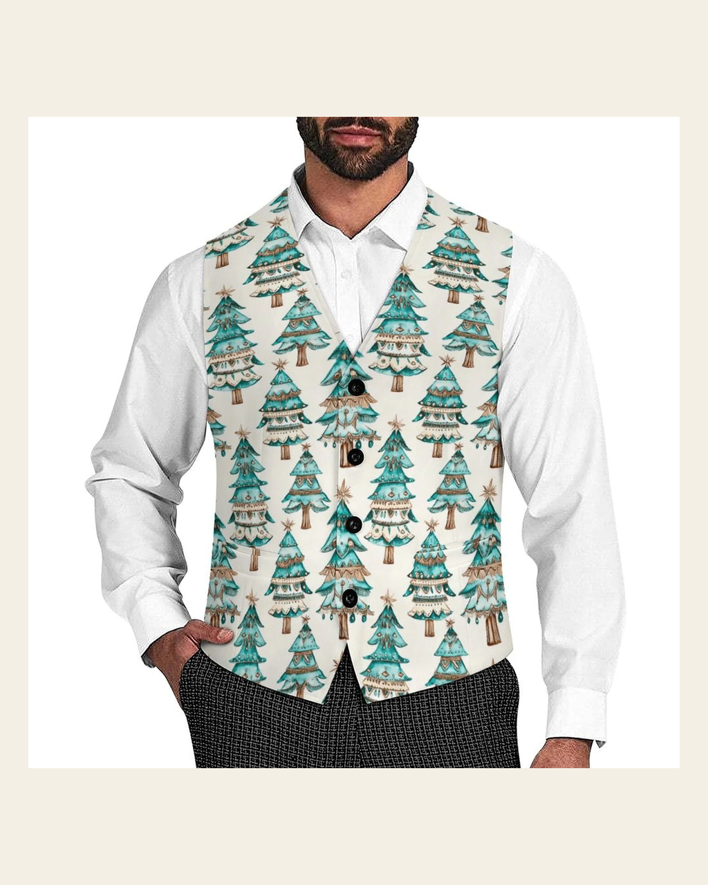 Baha Ranch Turquoise Christmas Trees Men's Western Vest on a warm cream background