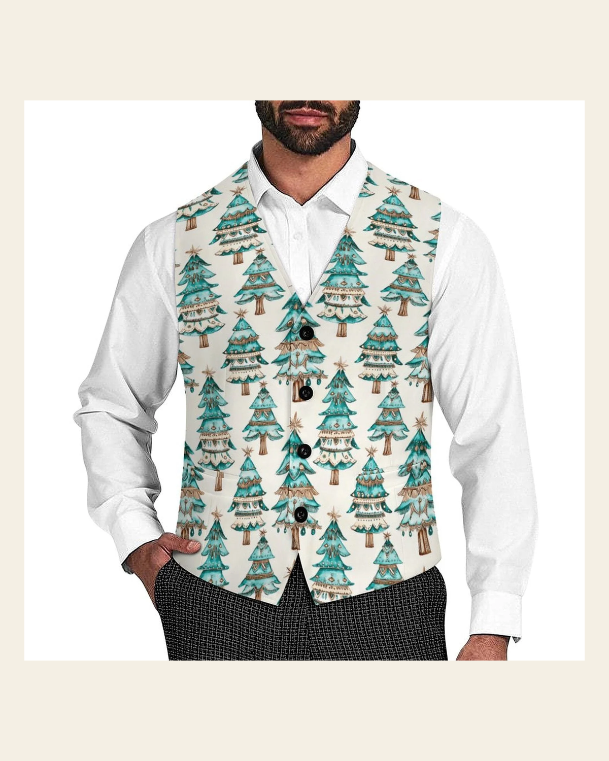 Baha Ranch Turquoise Christmas Trees Men's Western Vest on a warm cream background