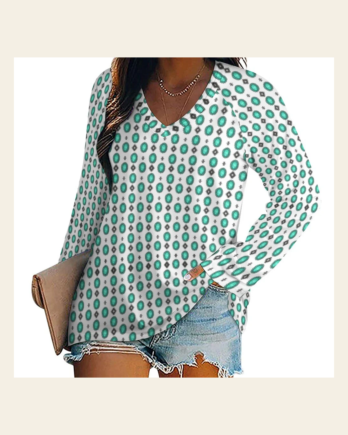 Baha Ranch Turquoise Concho Long Sleeve Top on a warm cream background