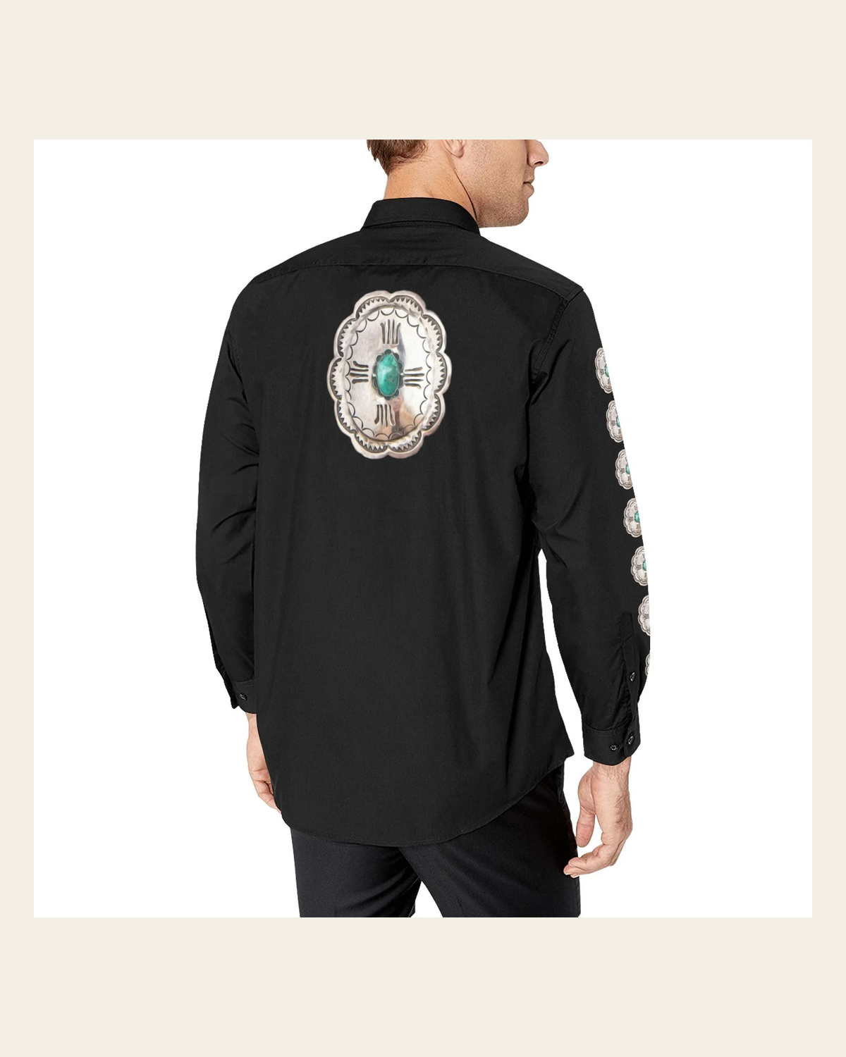 Baha Ranch Turquoise Concho Men's Western Button Up on a warm cream background