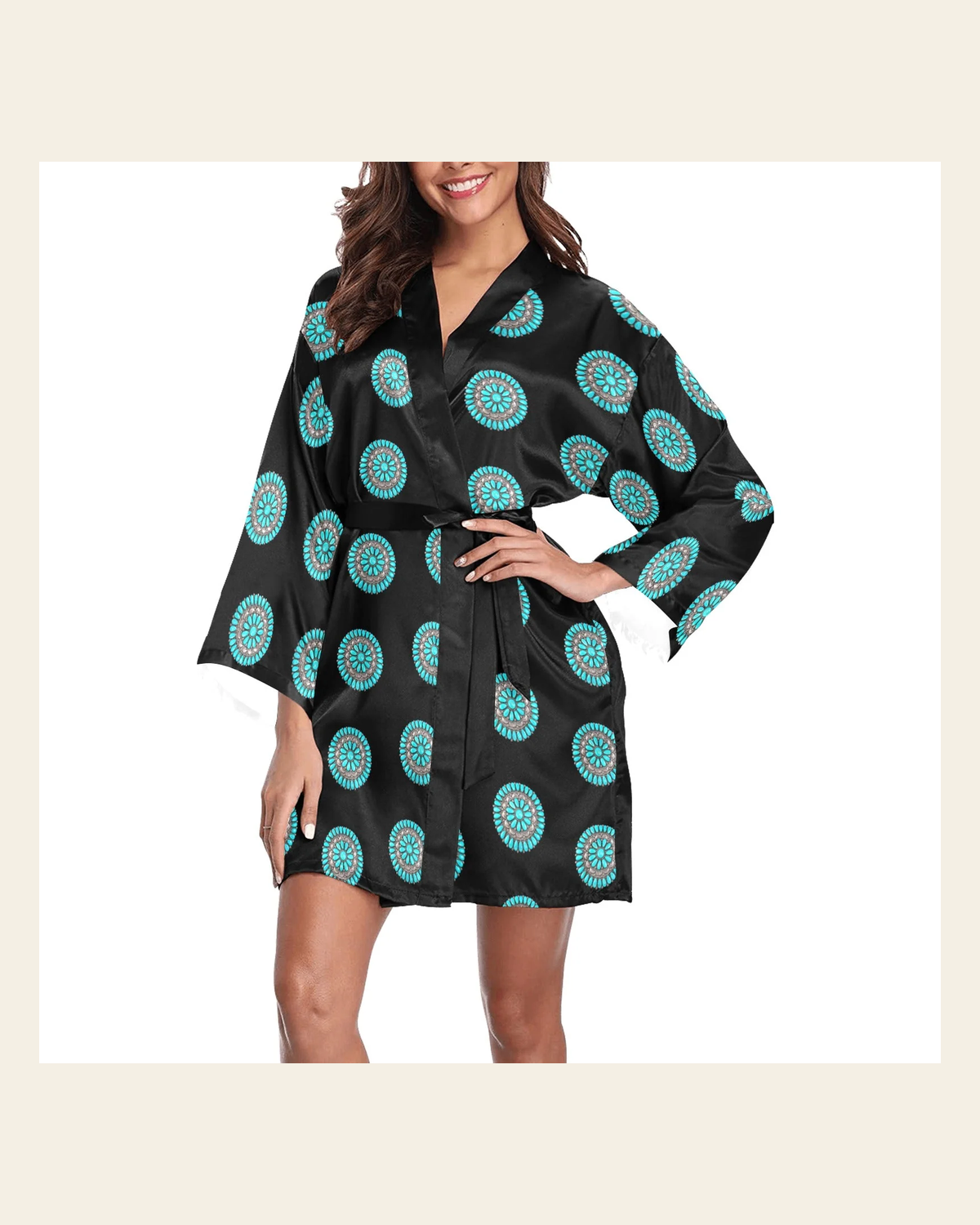 Baha Ranch Turquoise Concho Women's Lounge Kimono Robe on a warm cream background