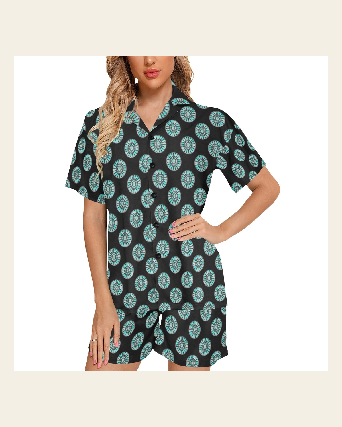 Baha Ranch Turquoise Concho Women's Western Pajama Set on a warm cream background