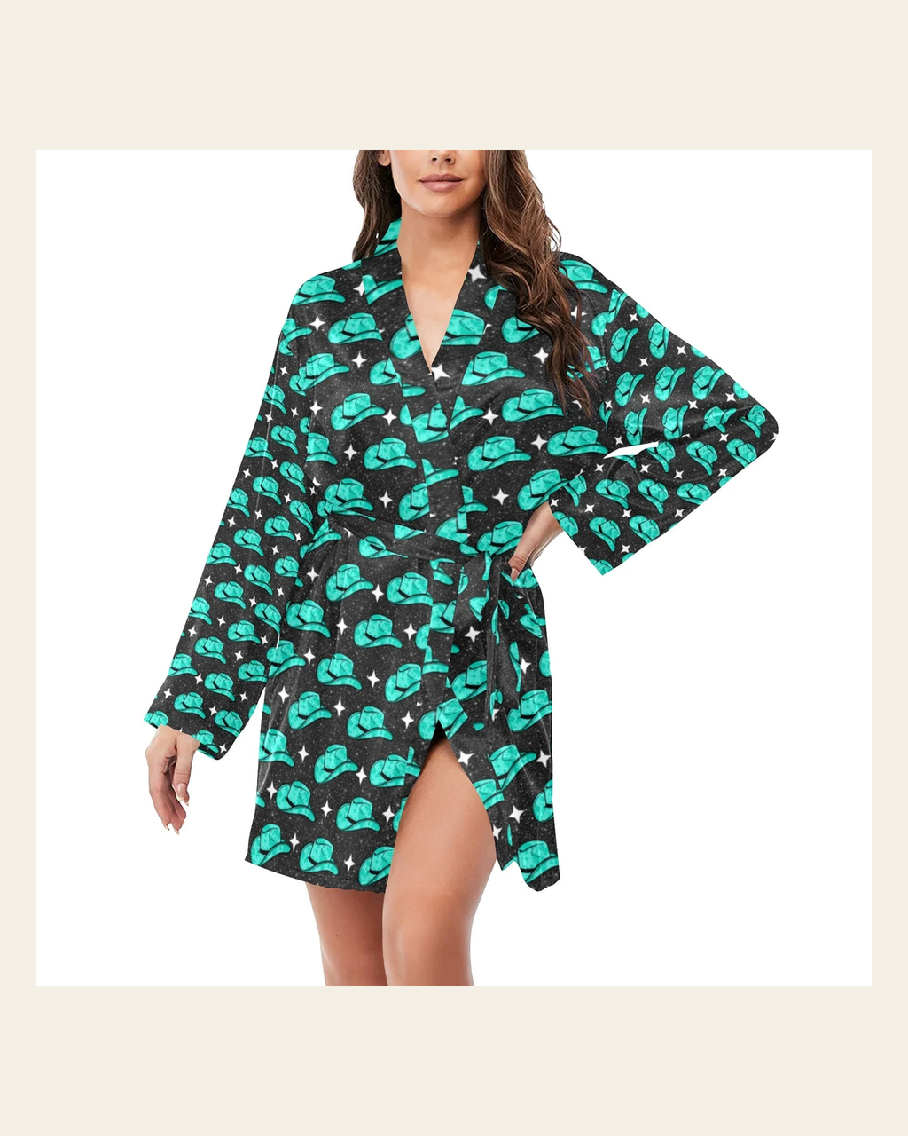 Baha Ranch Turquoise cowgirl Hat Women's Belted Satin Feel Dressing Lounge Robe on a warm cream background