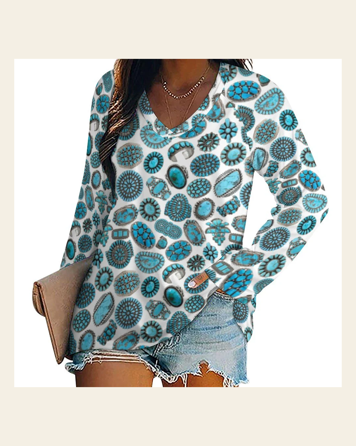 Baha Ranch Turquoise Crazy Long Sleeve Top on a warm cream background