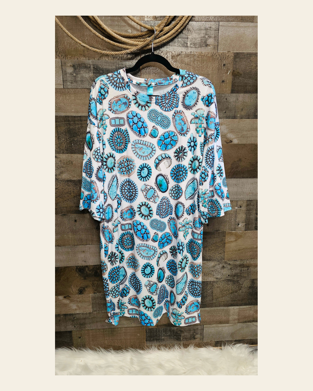 Baha Ranch Turquoise Crazy Oversized Sleep Shirt on a warm cream background