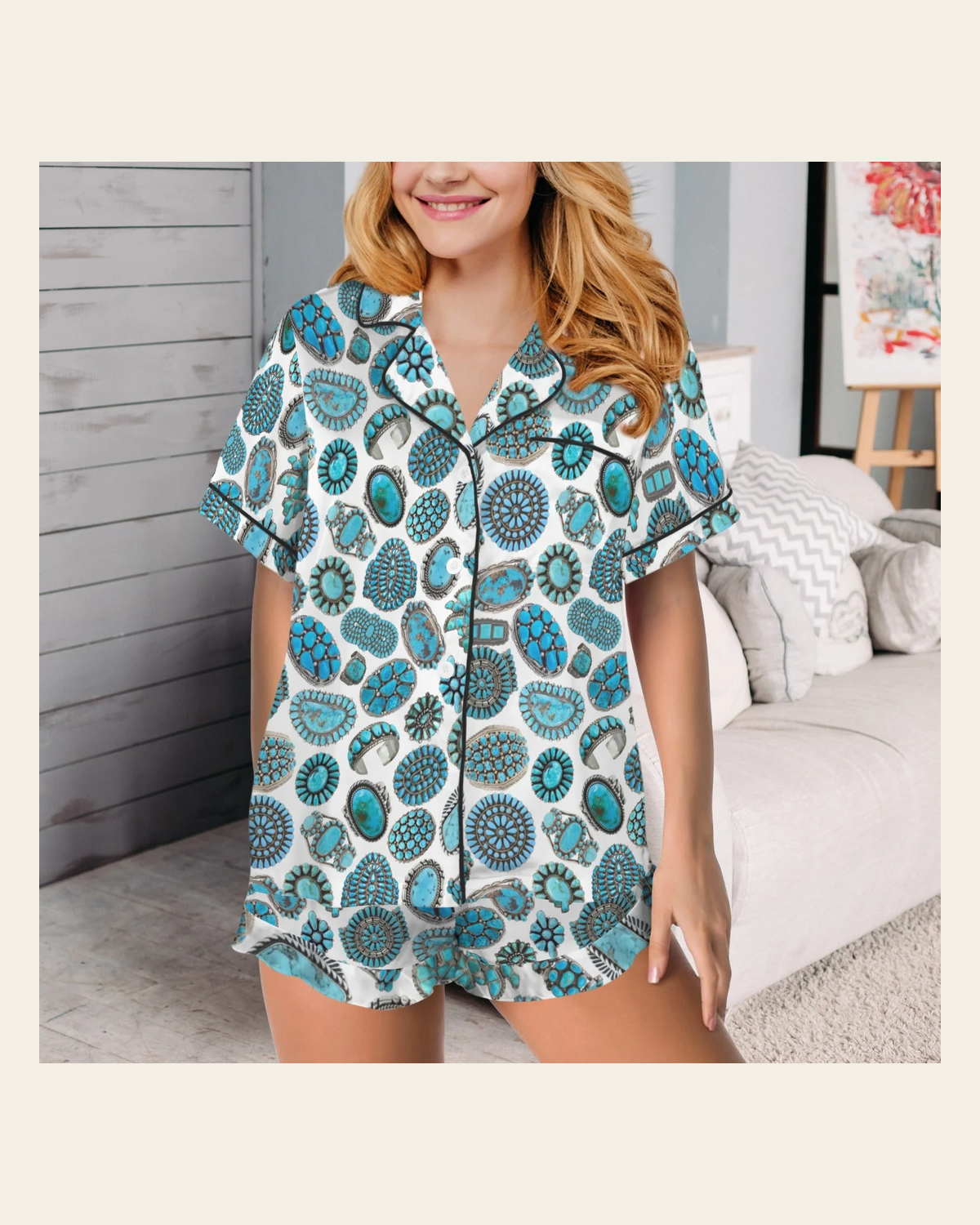 Baha Ranch Turquoise Crazy Satin Ruffle Western Pajama Set on a warm cream background