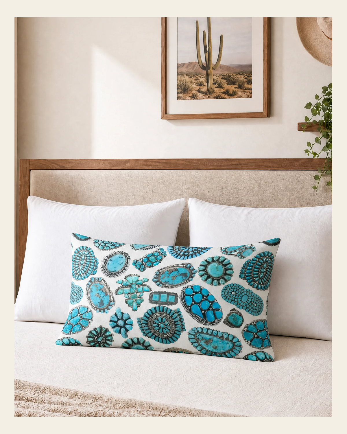 Baha Ranch Turquoise Crazy White Pillowcase Made in America on a warm cream background