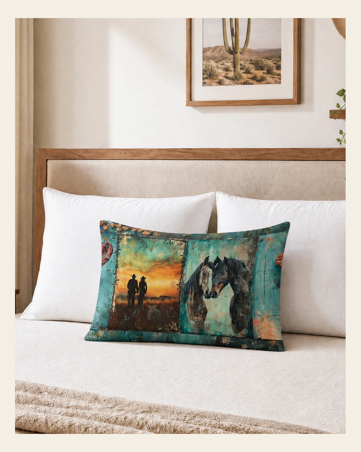 Baha Ranch Turquoise Dreams Pillow Case Made in America on a warm cream background