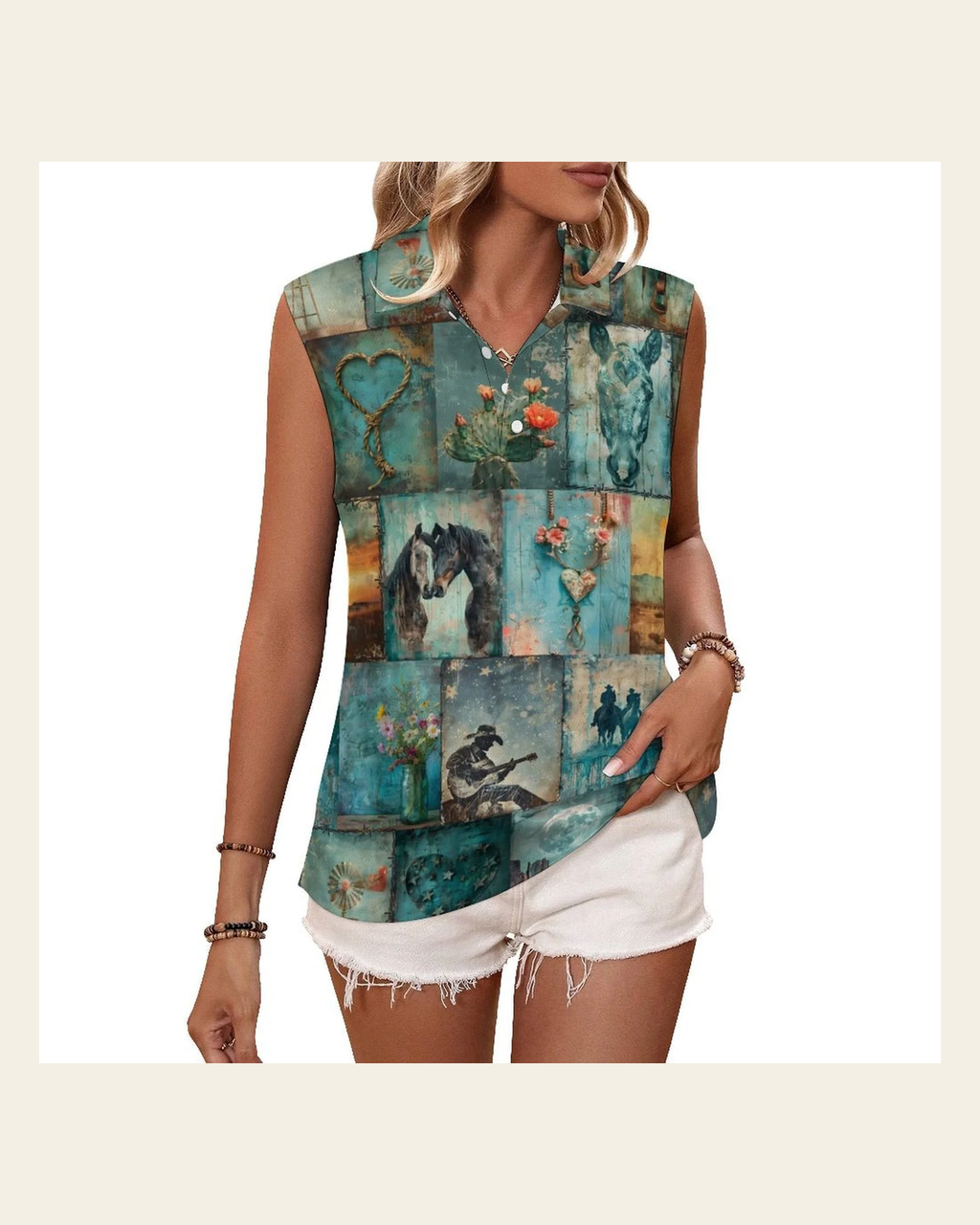 Baha Ranch Turquoise Dreams Sleeveless Polo Tank Top on a warm cream background