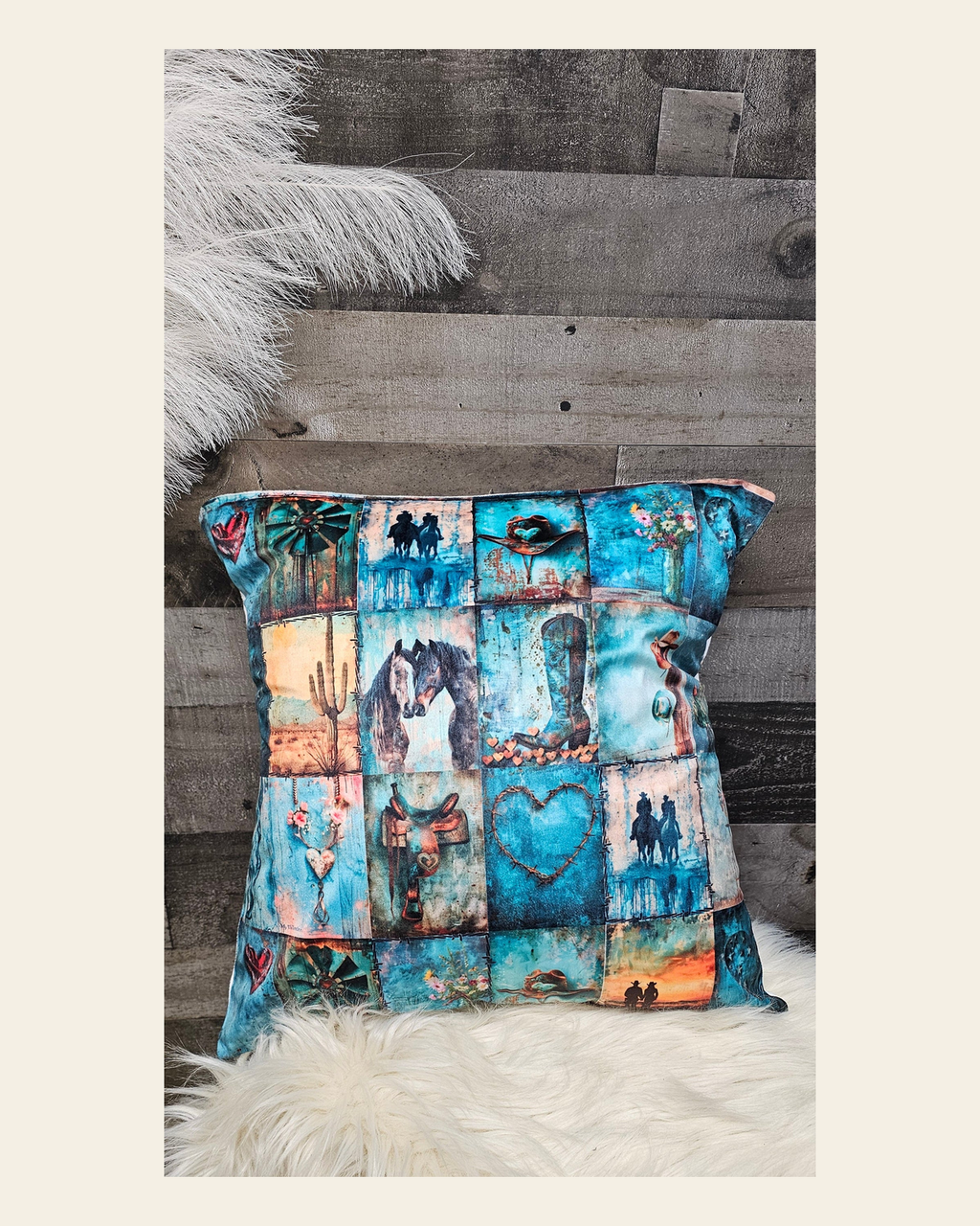 Baha Ranch turquoise Dreams Velvety Soft Pillow Case Made in America on a warm cream background