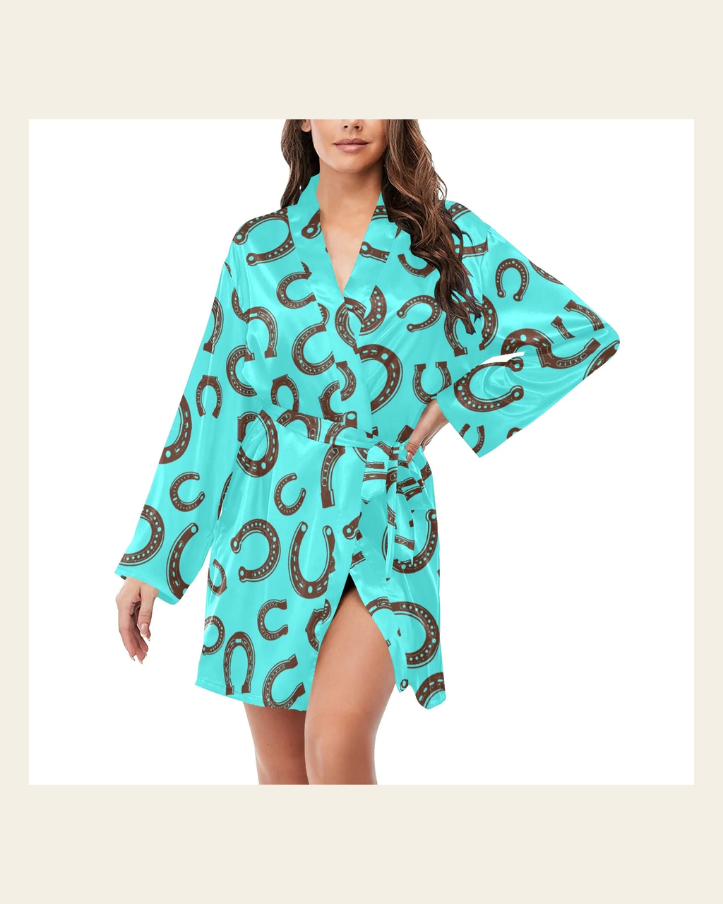 Baha Ranch Turquoise Horseshoe Women's Long Sleeve Belted Satin Feel Dressing Lounge Robe on a warm cream background