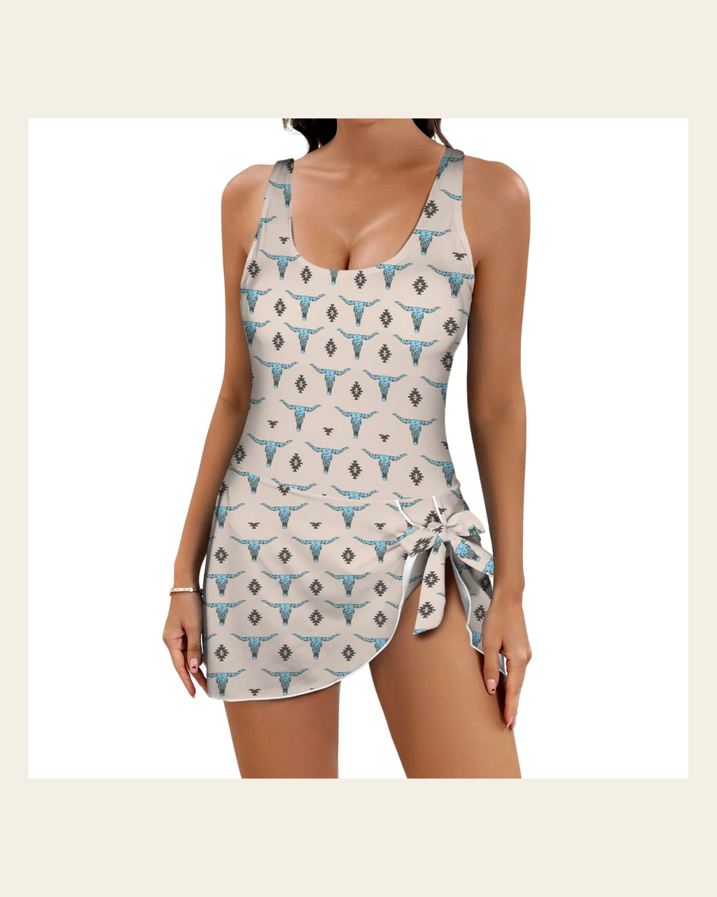 Baha Ranch Turquoise Longhorn Skirted Swimsuit on a warm cream background