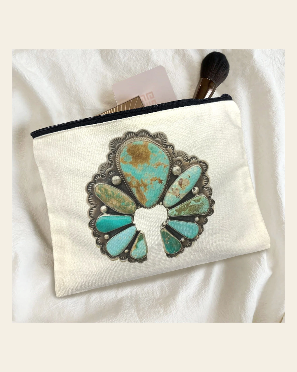 Baha Ranch Turquoise Naja Cosmetic Bag Pack of 5 Made in America on a warm cream background