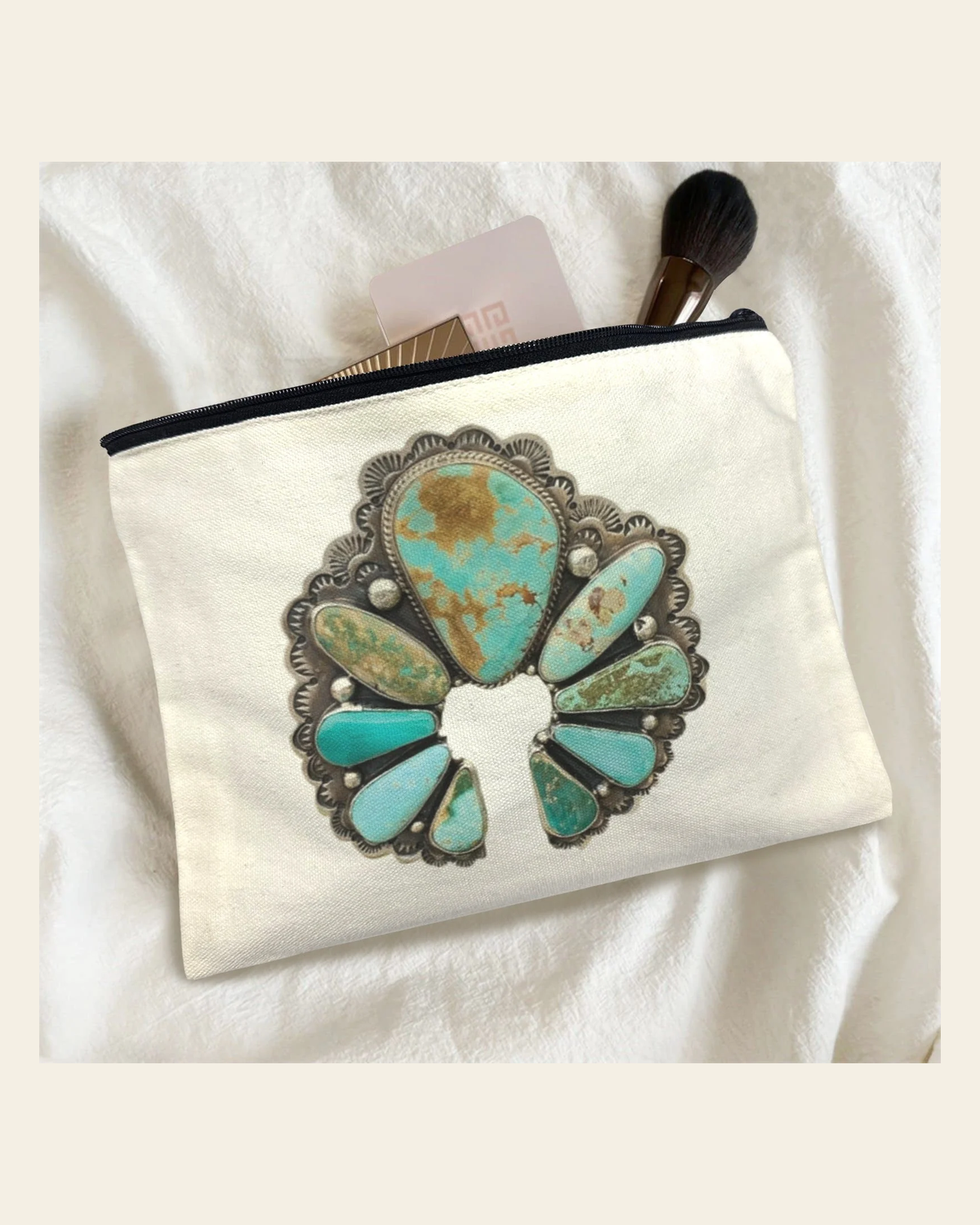 Baha Ranch Turquoise Naja Cosmetic Bag Pack of 5 Made in America on a warm cream background
