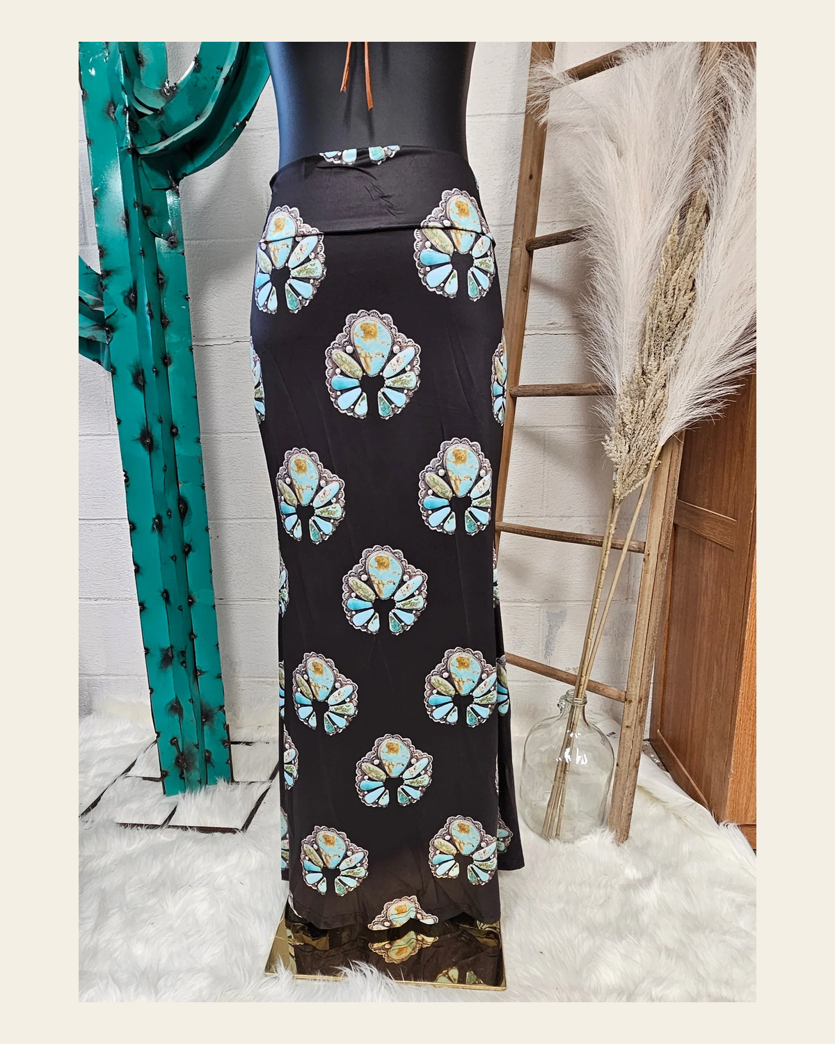 Baha Ranch Turquoise Naja Maxi Skirt on a warm cream background