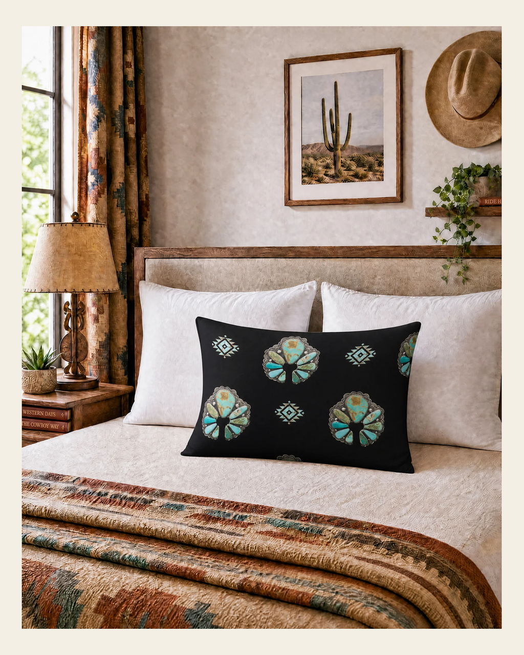 Baha Ranch Turquoise Naja Pillow Case Made in America on a warm cream background