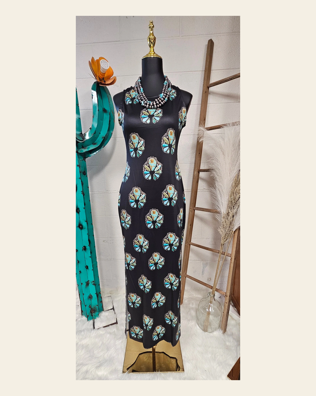 Baha Ranch Turquoise Naja Sleeveless Bodycon Side Slit Maxi Dress on a warm cream background