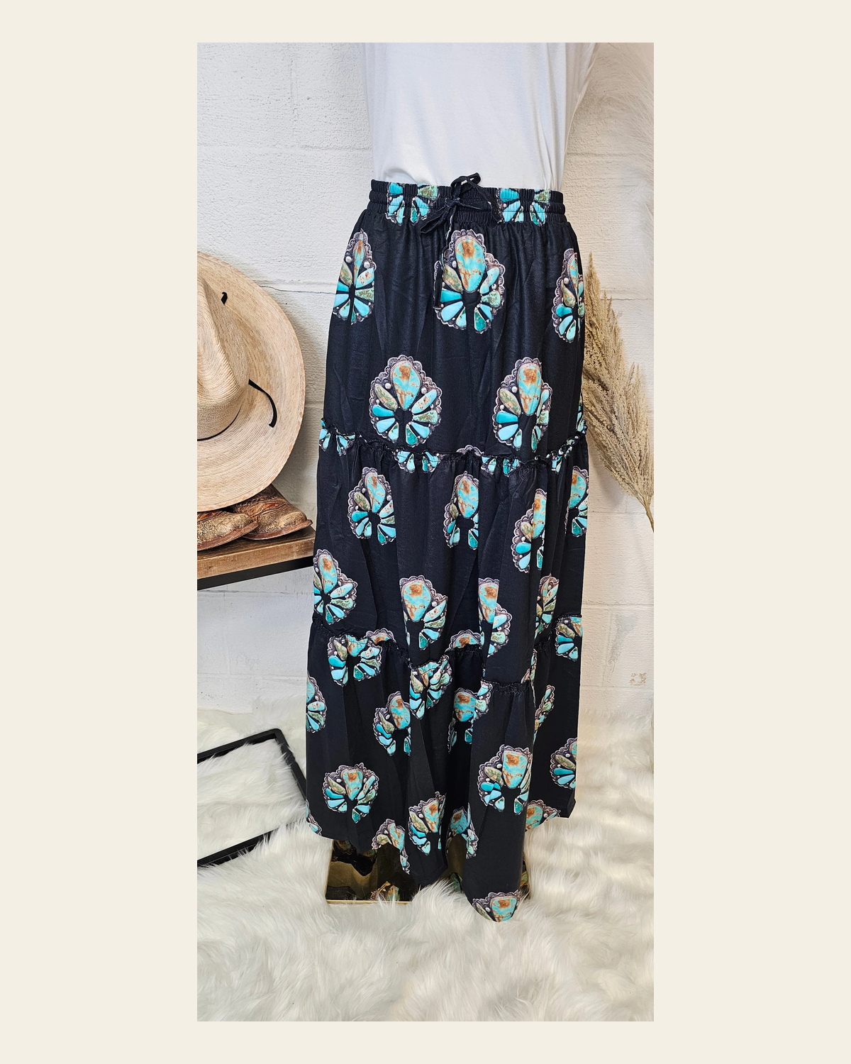Baha Ranch Turquoise Naja Southwestern Tiered Prairie Maxi Skirt on a warm cream background