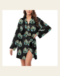Baha Ranch Turquoise Naja Women's Long Sleeve Belted Satin Feel Dressing Lounge Robe on a warm cream background