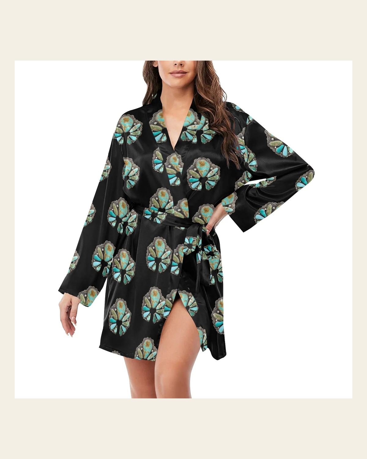 Baha Ranch Turquoise Naja Women's Long Sleeve Belted Satin Feel Dressing Lounge Robe on a warm cream background