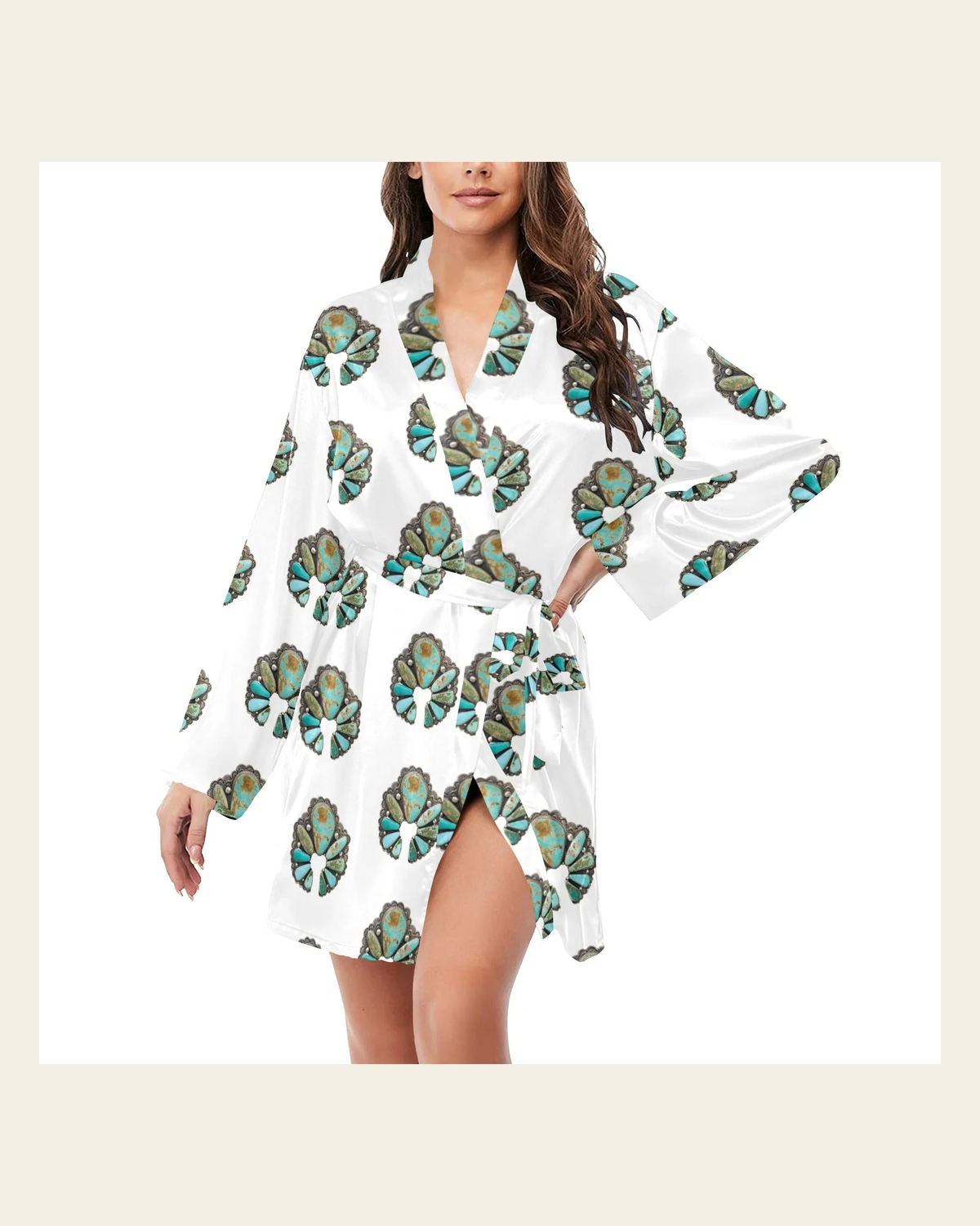 Baha Ranch Turquoise Naja Women's Long Sleeve Belted Satin Feel Dressing Lounge Robe on a warm cream background