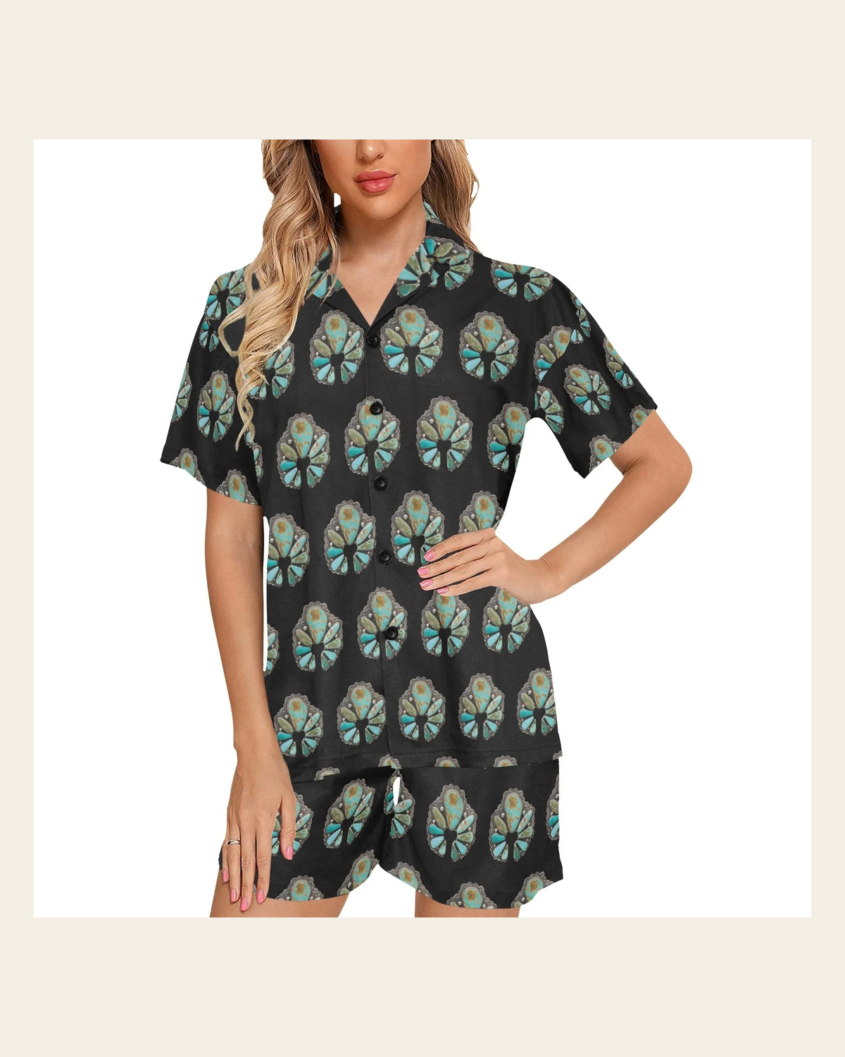 Baha Ranch Turquoise Naja Women's Pajama Set on a warm cream background