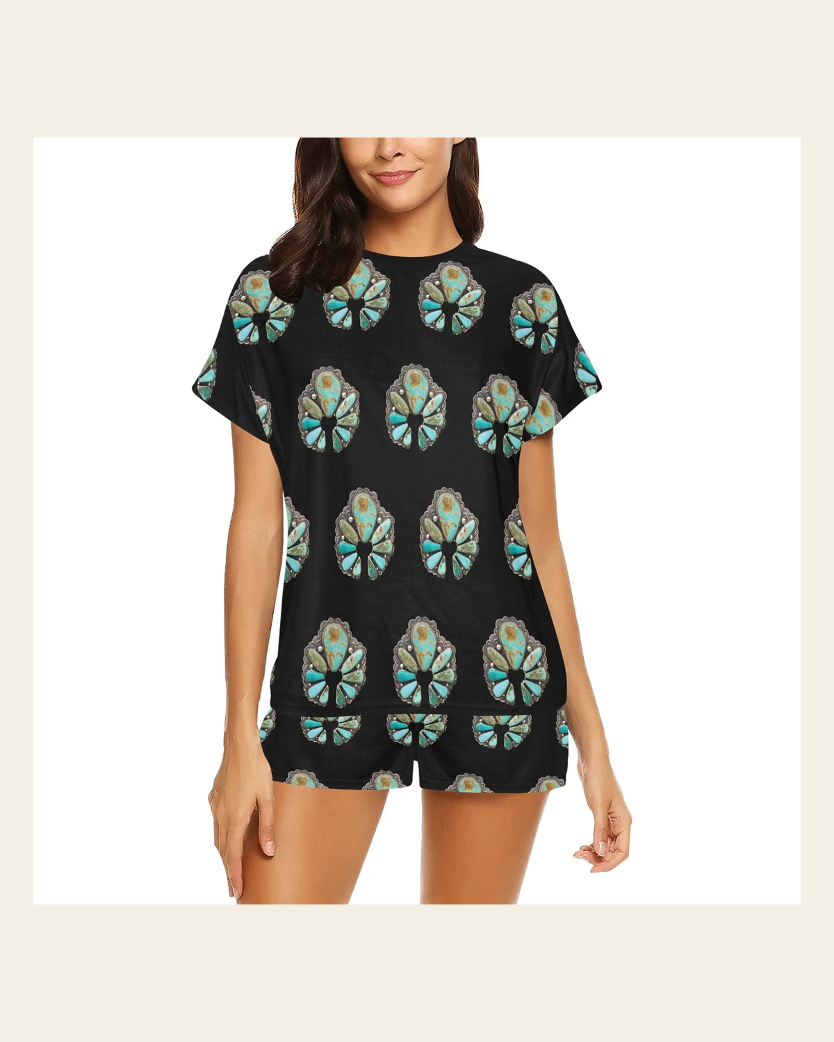 Baha Ranch Turquoise Naja Women's Pajama Short Set on a warm cream background