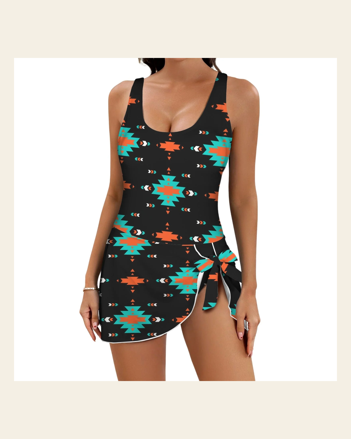 Baha Ranch Turquoise Orange Aztec Skirted Swimsuit on a warm cream background