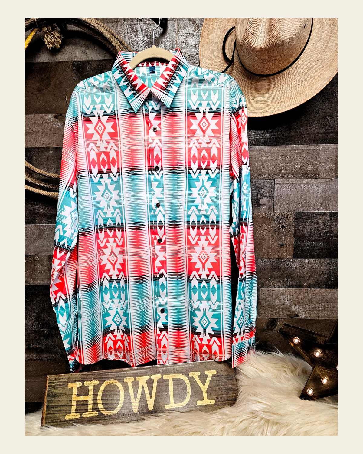 Baha Ranch Turquoise Orange Aztec Unisex Western Button UP Shirt on a warm cream background