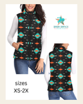 Baha Ranch Turquoise Orange Aztec Women's Western Puffy Vest on a warm cream background
