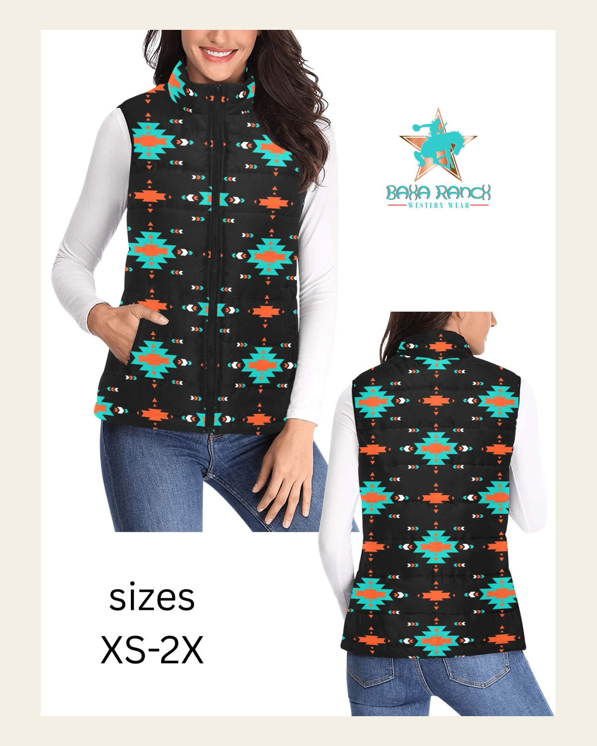 Baha Ranch Turquoise Orange Aztec Women's Western Puffy Vest on a warm cream background