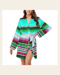 Baha Ranch Turquoise Serape Women's Belted Satin Feel Dressing Lounge Robe on a warm cream background