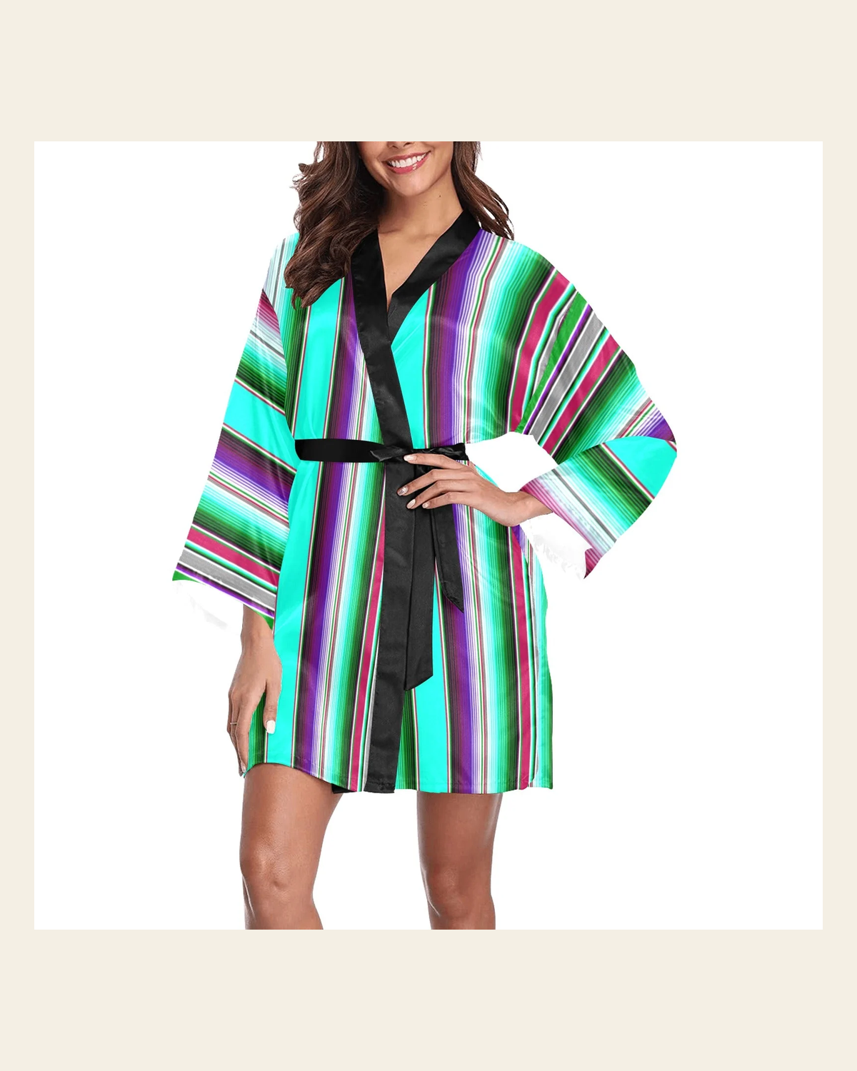 Baha Ranch Turquoise Serape Women's Lounge Kimono Robe on a warm cream background