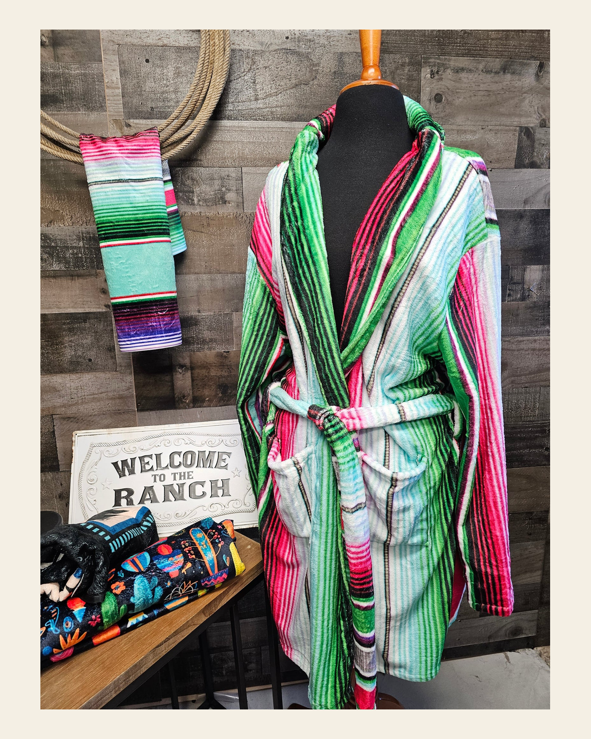 Baha Ranch Turquoise Serape Women's Western Bath Robe on a warm cream background
