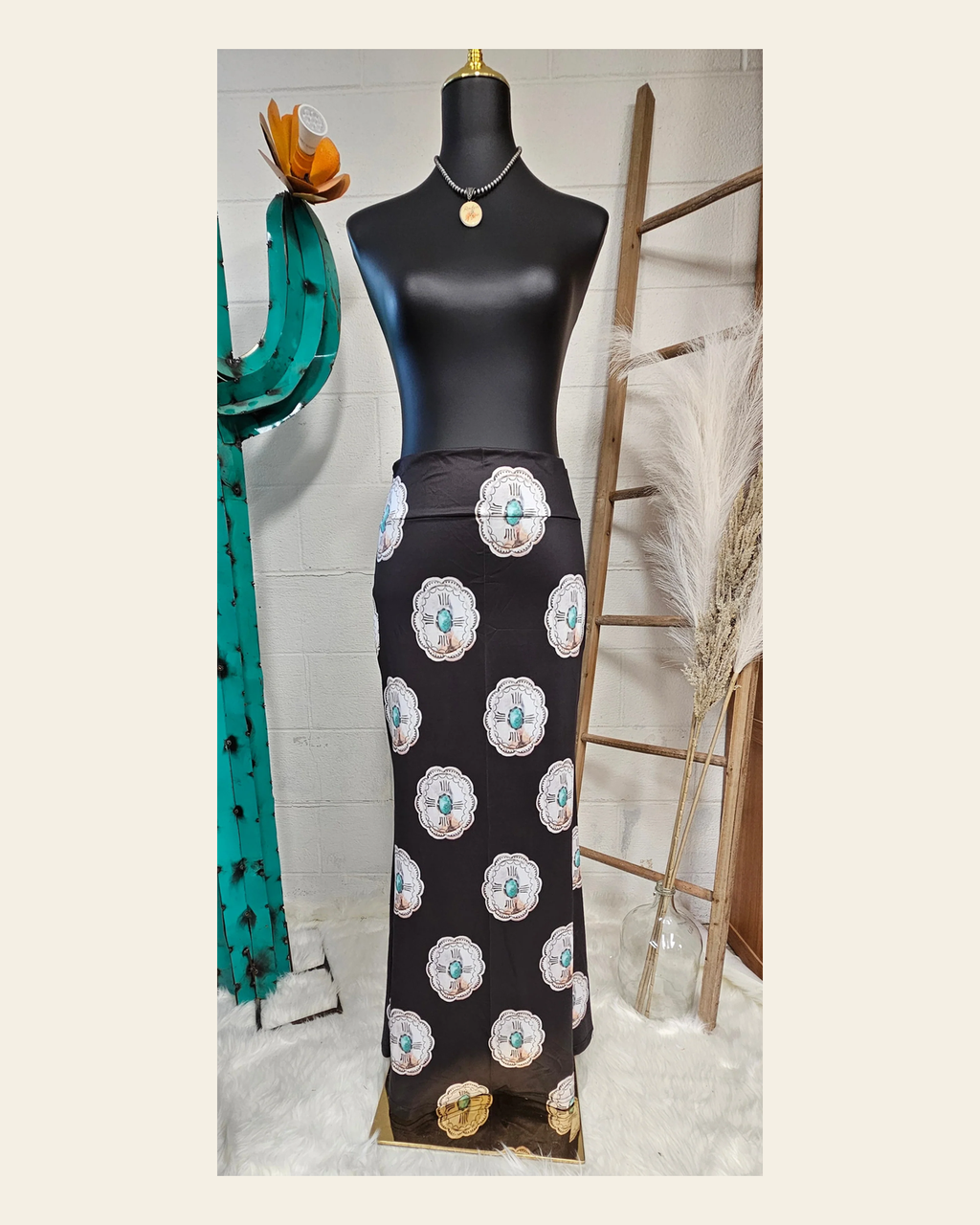 Baha Ranch Turquoise Silver Concho Maxi Skirt on a warm cream background