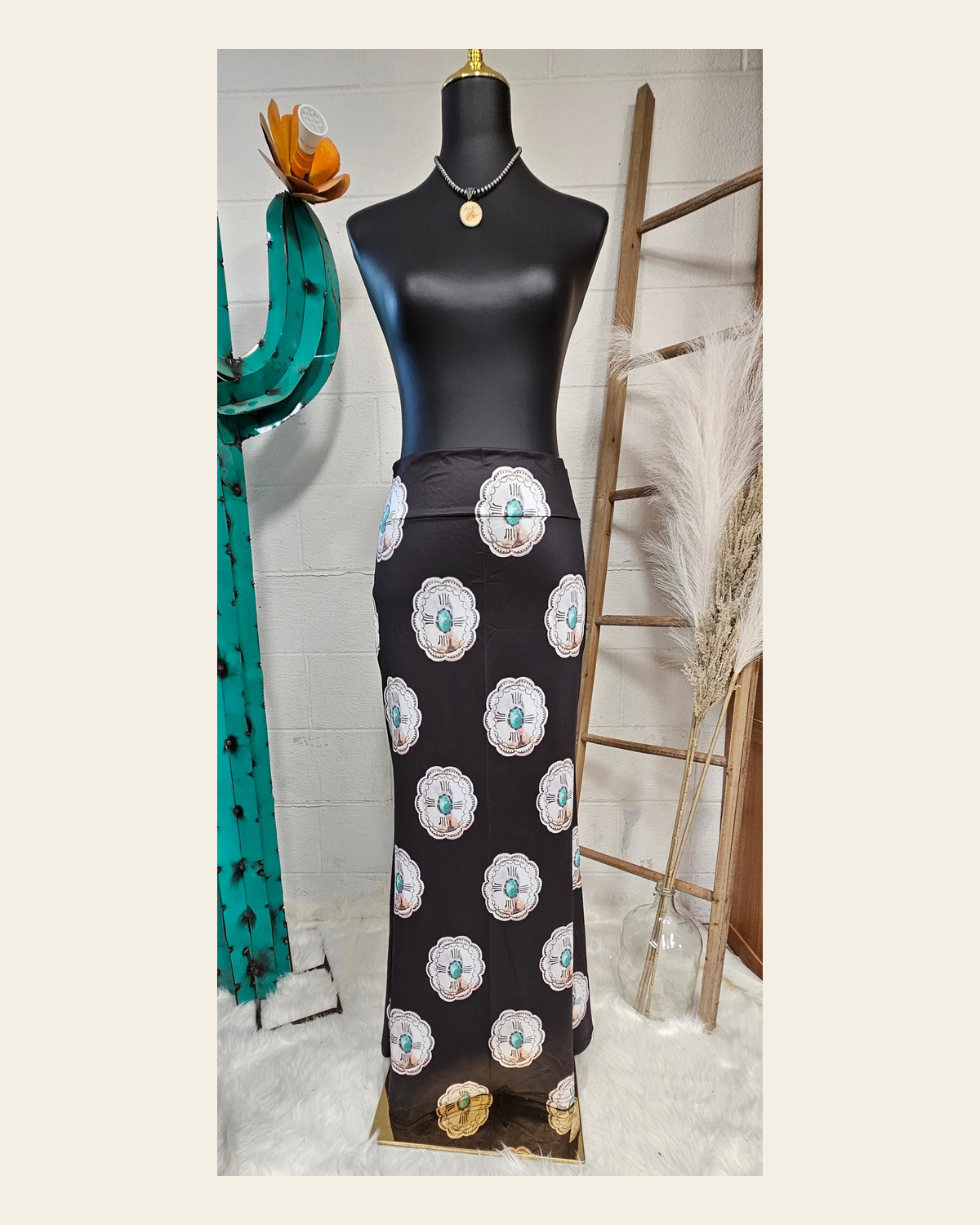 Baha Ranch Turquoise Silver Concho Maxi Skirt on a warm cream background