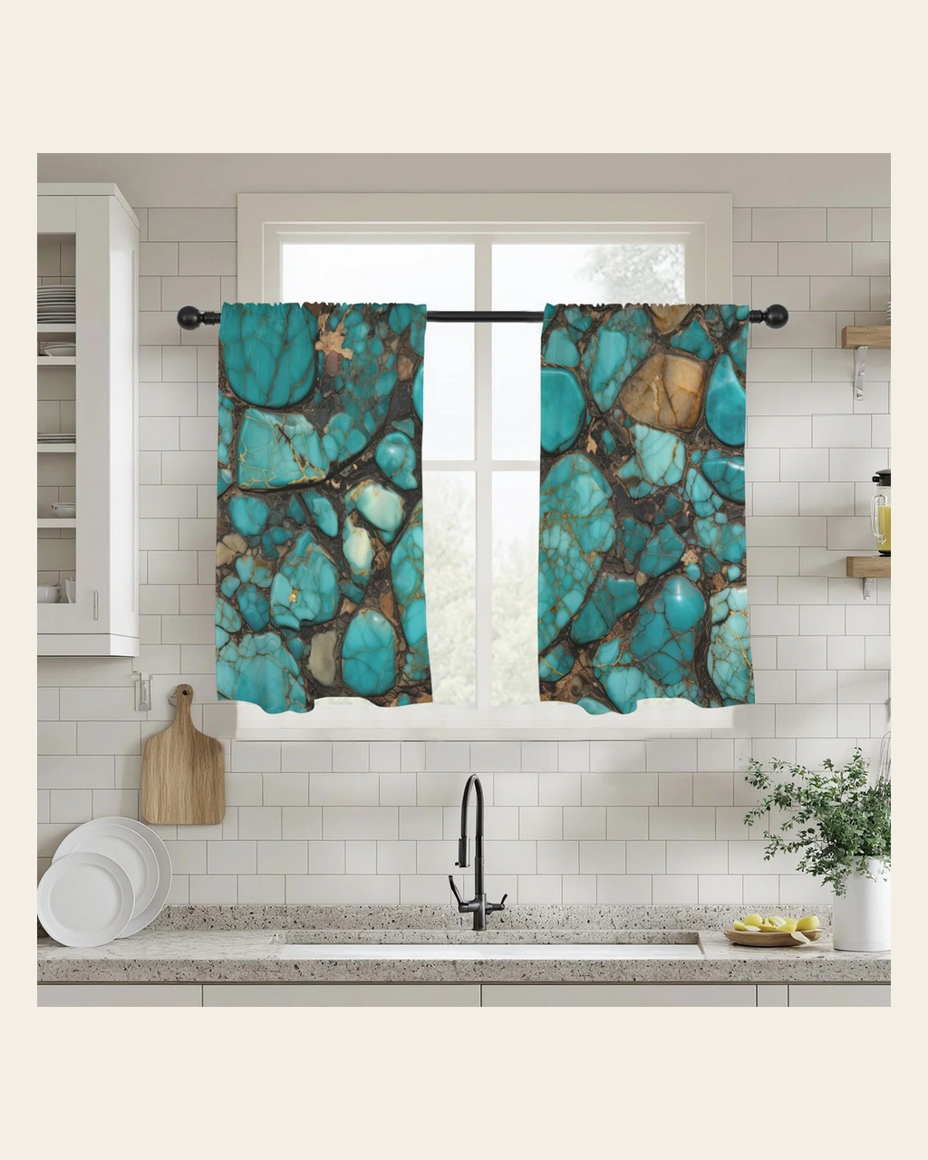 Baha Ranch Turquoise Window Curtains 28"x40" (2-Piece) Made in America on a warm cream background