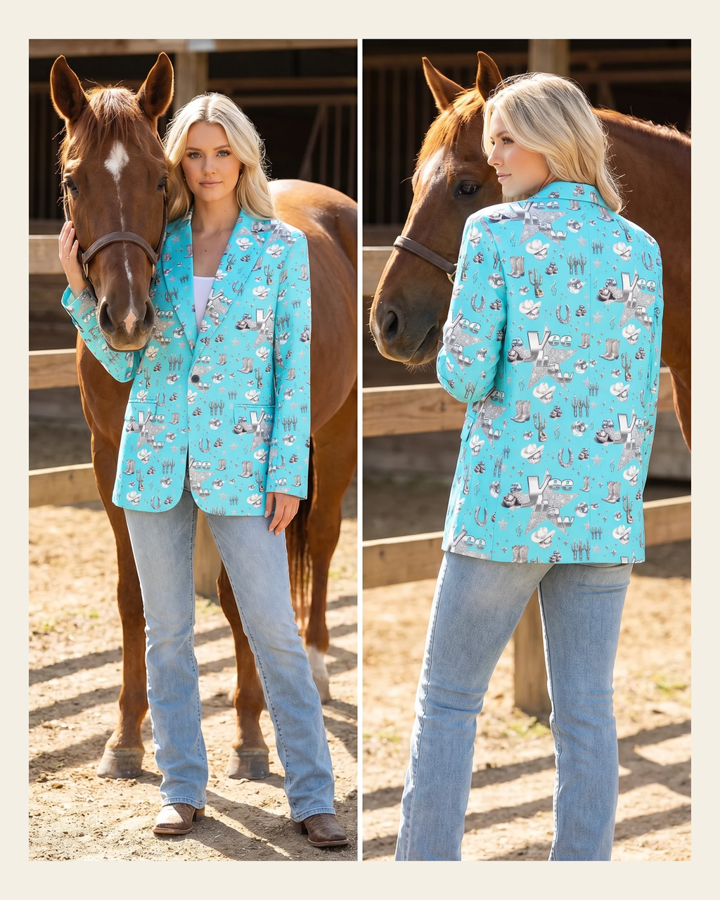 Baha Ranch Turquoise YEEHAW Rhinestone Cowgirl Blazer on a warm cream background