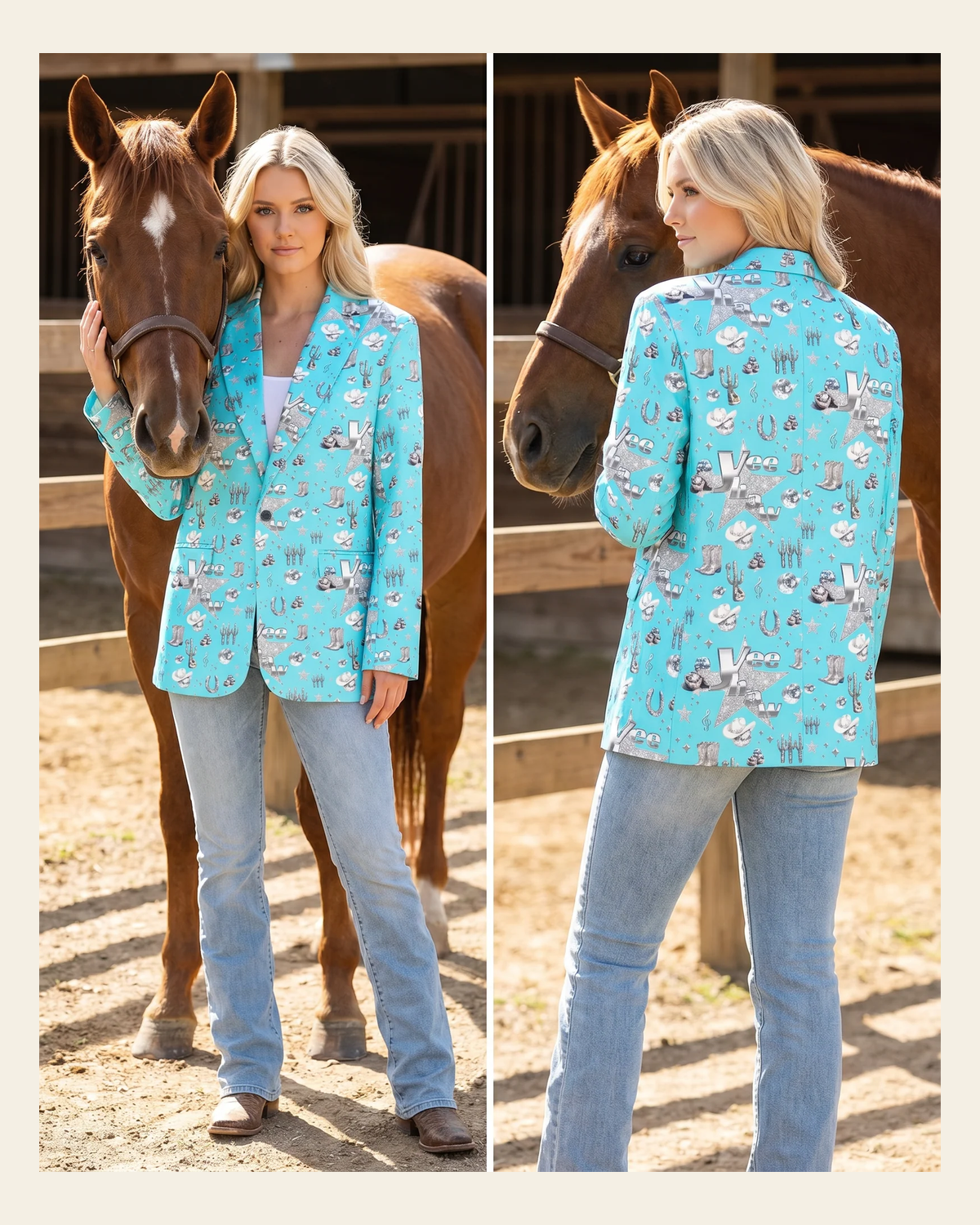 Baha Ranch Turquoise YEEHAW Rhinestone Cowgirl Blazer on a warm cream background