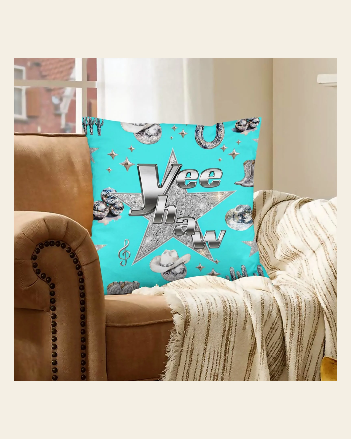 Baha Ranch Turquoise YEEHAW Velvety Soft Pillow Case Made in America on a warm cream background