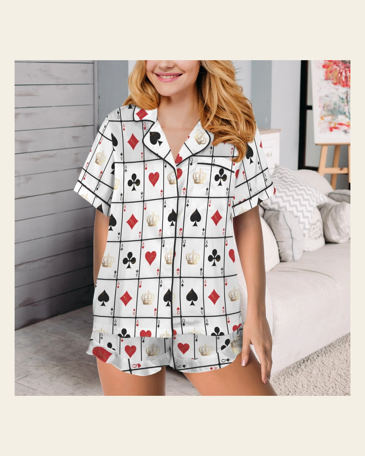 Baha Ranch Vegas Gambling Satin Ruffle Pajama Set on a warm cream background