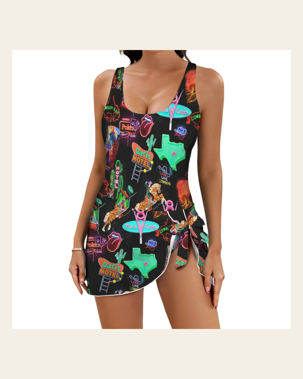 Baha Ranch Vegas Neon Skirted Swimsuit on a warm cream background