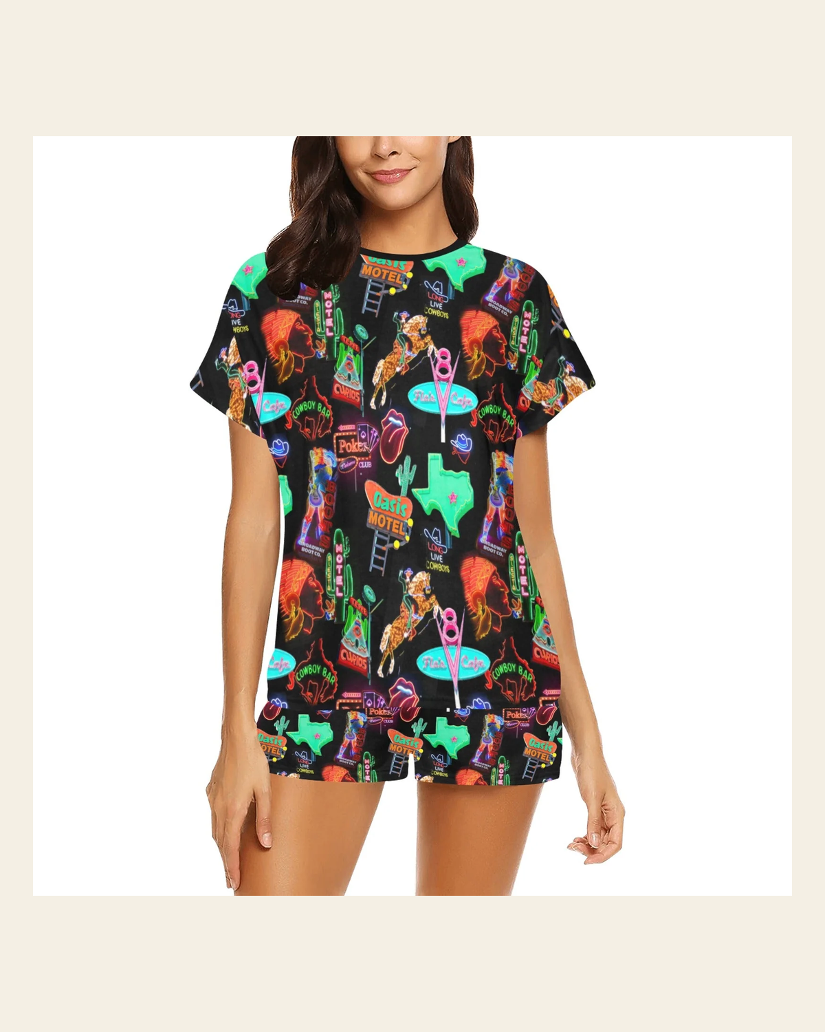 Baha Ranch Vegas Neon Western Women's Short and Top Pajama Set on a warm cream background