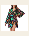 Baha Ranch Vegas Neon Women's Long Sleeve Belted Satin Feel Dressing Lounge Robe on a warm cream background