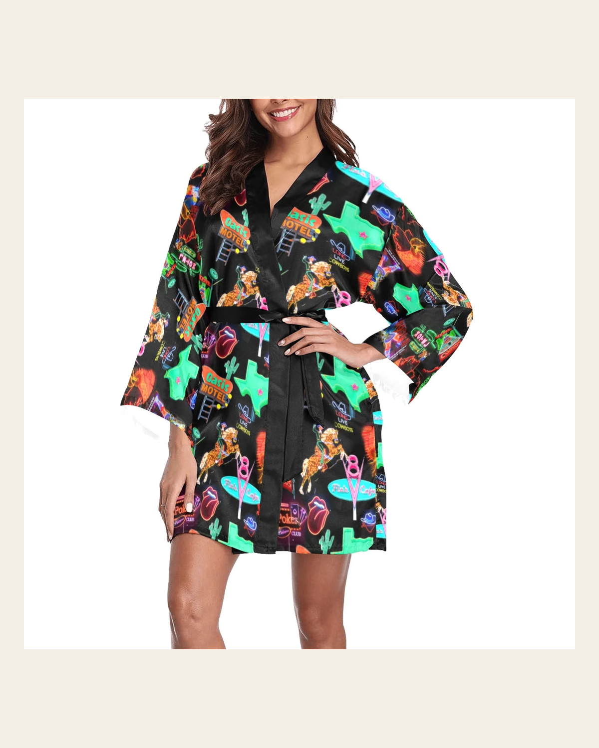 Baha Ranch Vegas Neon Women's Lounge Kimono Robe on a warm cream background