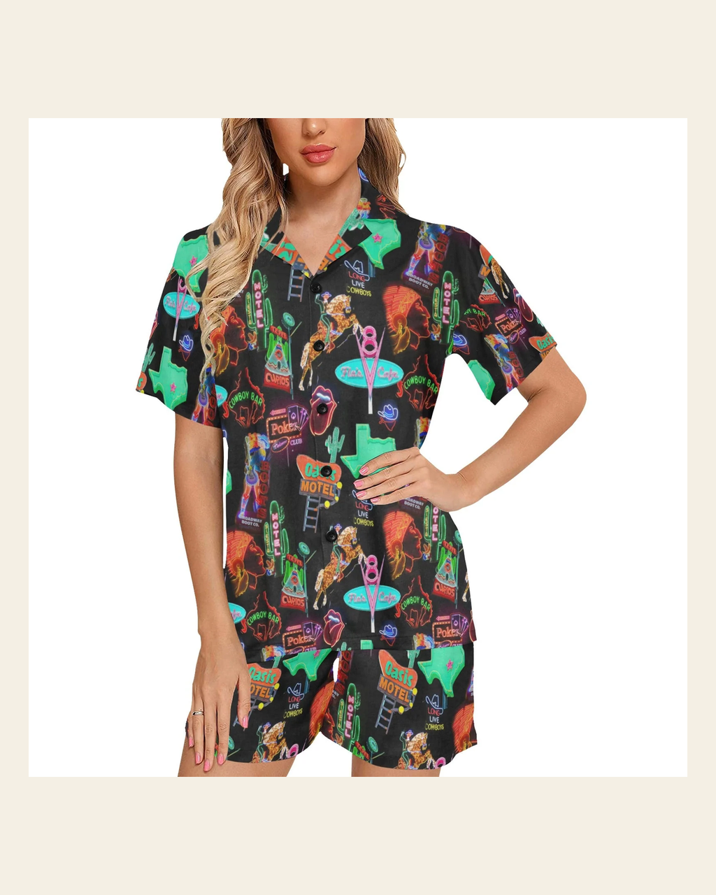Baha Ranch Vegas Neon Women's Western Pajama Set on a warm cream background